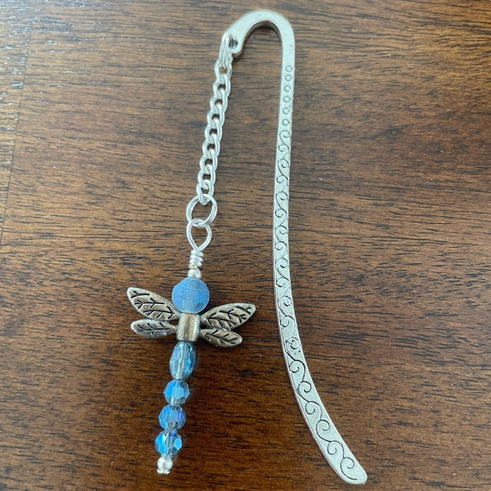 Handmade Blue Bead Mix Dragonfly Bookmark with Silver Tone Hook - ideal Gift